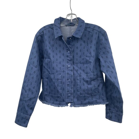 Isaac Mizrahi Womens Denim Snap Up Jacket Purple/Black Print Size XS Frayed Hem - Picture 1 of 9